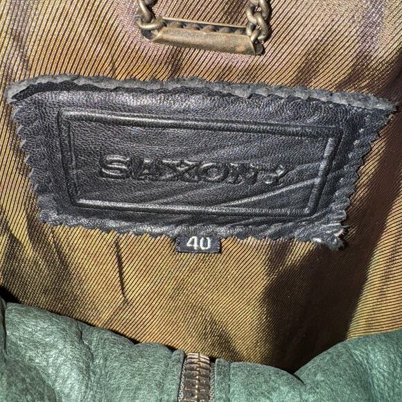 Vintage 1990s Saxony Leather Jacket Bomber Green Rare Men's Large Excellent - Picture 3 of 4